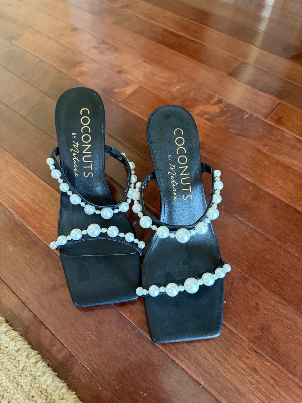 Coconuts by Matisse Black Pearl-Trim Three-Strap Slide Heels